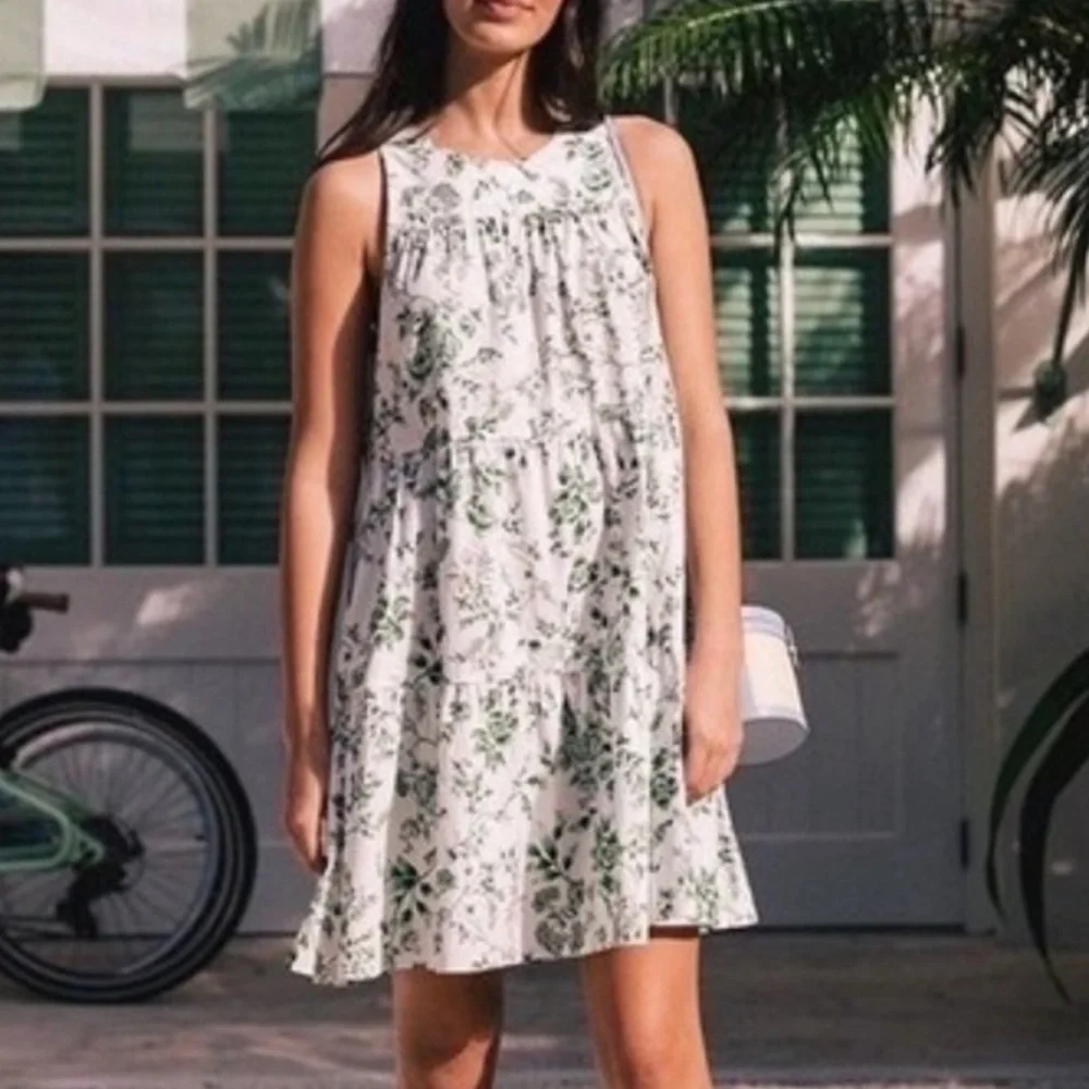 Gal Meets Glam Lisa Green White Toile Floral Tiered Mini Dress 4 - Picture 7 of 16